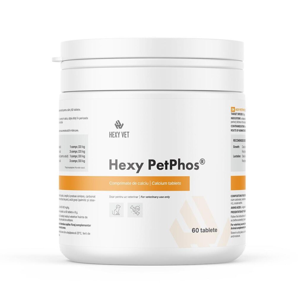 Hexy PetPhos 60 tablete supliment cu calciu pentru caini crestere si sistem osos puternic
